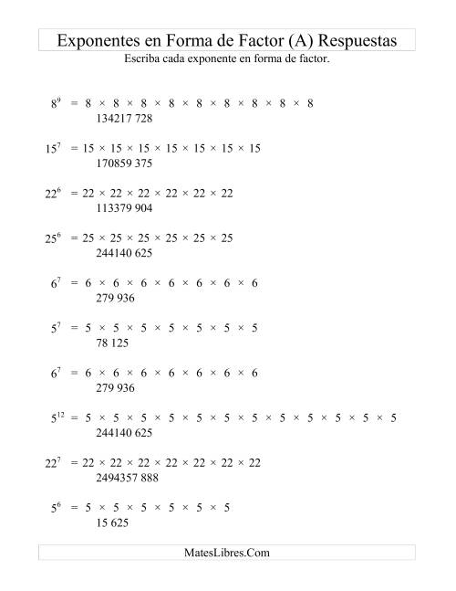 La hoja de ejercicios de Exponentes en Forma de Factores (A) Página 2