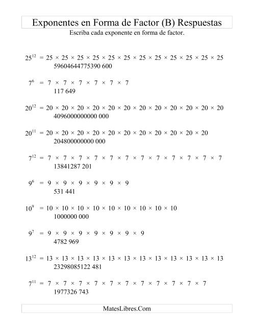 La hoja de ejercicios de Exponentes en Forma de Factores (B) Página 2