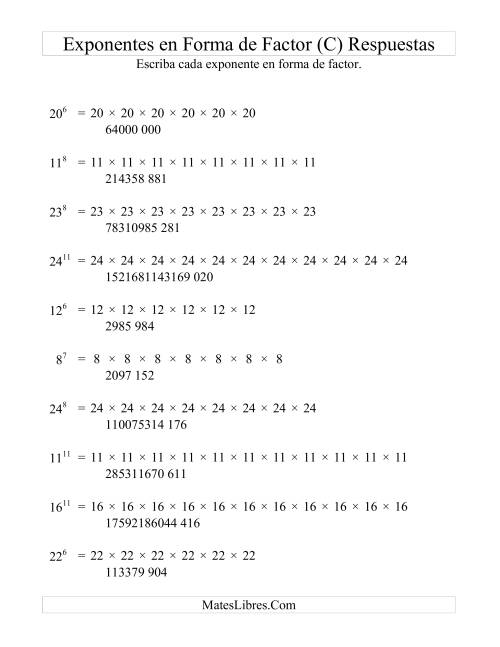 La hoja de ejercicios de Exponentes en Forma de Factores (C) Página 2