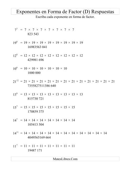 La hoja de ejercicios de Exponentes en Forma de Factores (D) Página 2