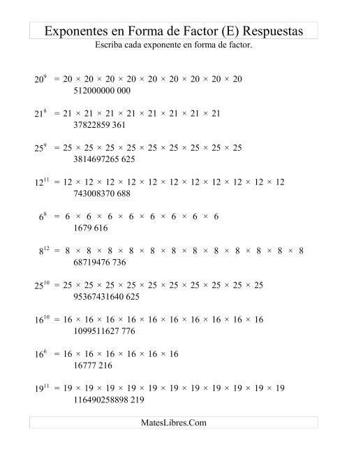 La hoja de ejercicios de Exponentes en Forma de Factores (E) Página 2