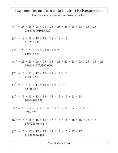 La hoja de ejercicios de Exponentes en Forma de Factores (F) Página 2