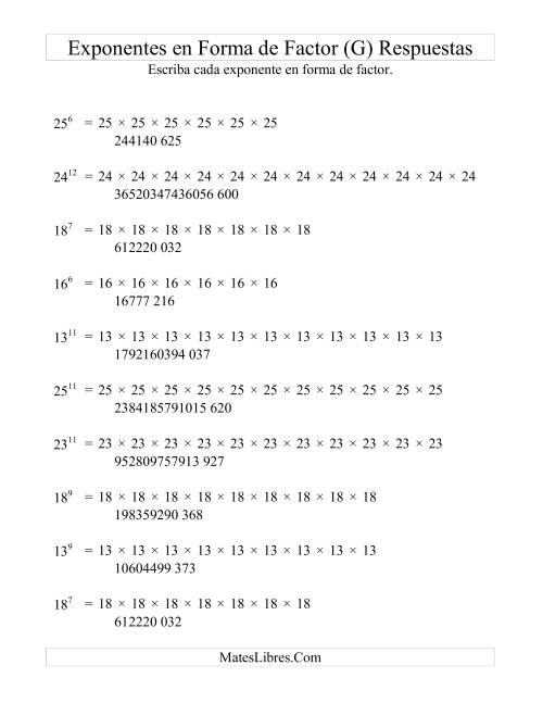 La hoja de ejercicios de Exponentes en Forma de Factores (G) Página 2
