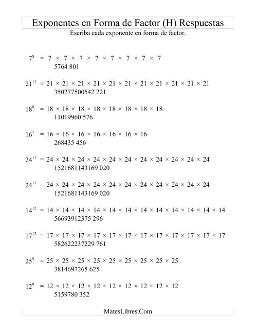 La hoja de ejercicios de Exponentes en Forma de Factores (H) Página 2