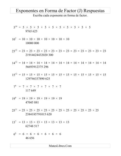 La hoja de ejercicios de Exponentes en Forma de Factores (J) Página 2