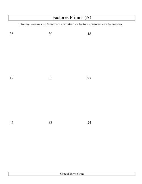 La hoja de ejercicios de Hallar Factores Primos con un Diagrama de Árbol (de 4 a 48) (A)