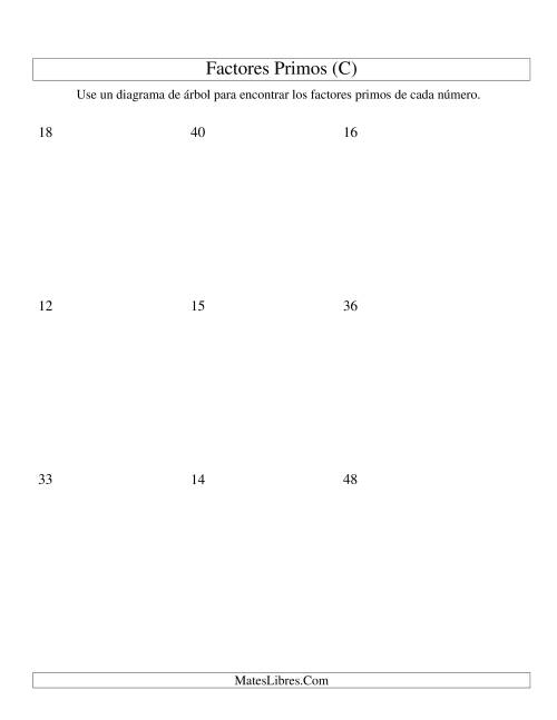 La hoja de ejercicios de Hallar Factores Primos con un Diagrama de Árbol (de 4 a 48) (C)