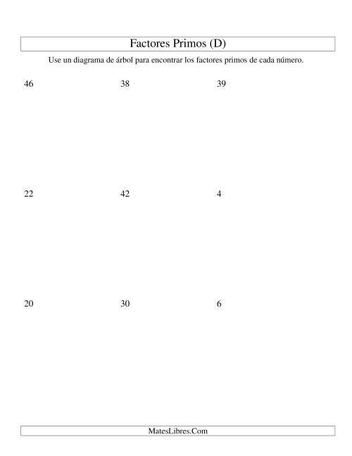 La hoja de ejercicios de Hallar Factores Primos con un Diagrama de Árbol (de 4 a 48) (D)