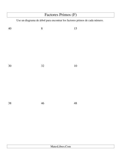 La hoja de ejercicios de Hallar Factores Primos con un Diagrama de Árbol (de 4 a 48) (F)