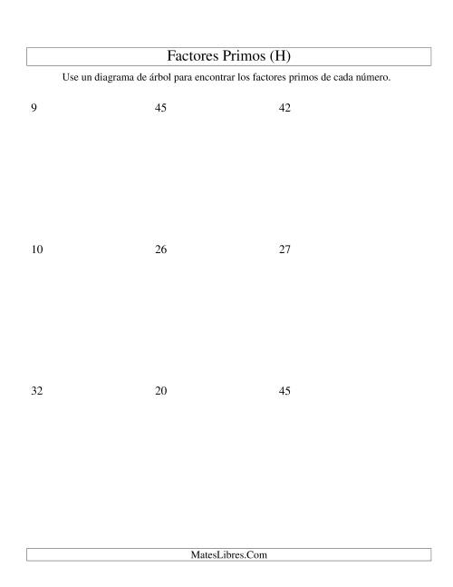 La hoja de ejercicios de Hallar Factores Primos con un Diagrama de Árbol (de 4 a 48) (H)