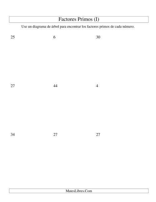 La hoja de ejercicios de Hallar Factores Primos con un Diagrama de Árbol (de 4 a 48) (I)
