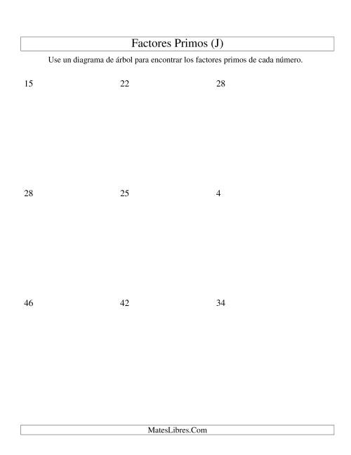 La hoja de ejercicios de Hallar Factores Primos con un Diagrama de Árbol (de 4 a 48) (J)