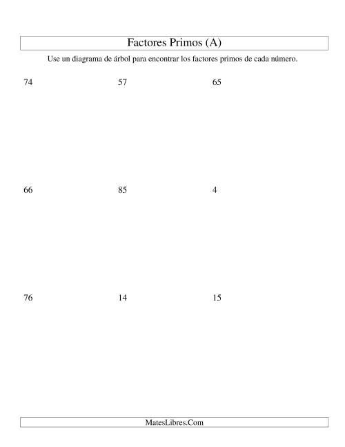 La hoja de ejercicios de Hallar Factores Primos con un Diagrama de Árbol (de 4 a 96) (A)
