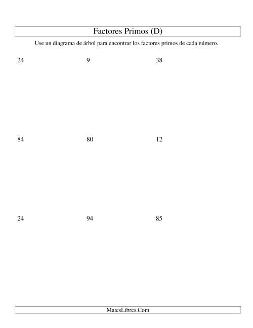La hoja de ejercicios de Hallar Factores Primos con un Diagrama de Árbol (de 4 a 96) (D)