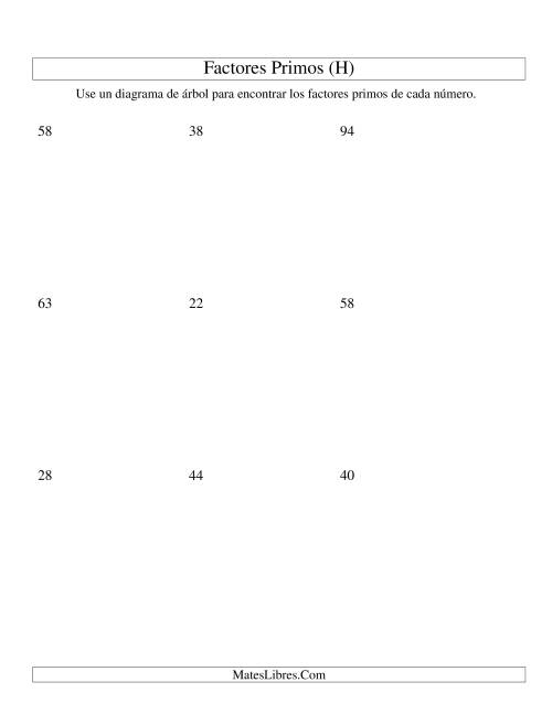La hoja de ejercicios de Hallar Factores Primos con un Diagrama de Árbol (de 4 a 96) (H)