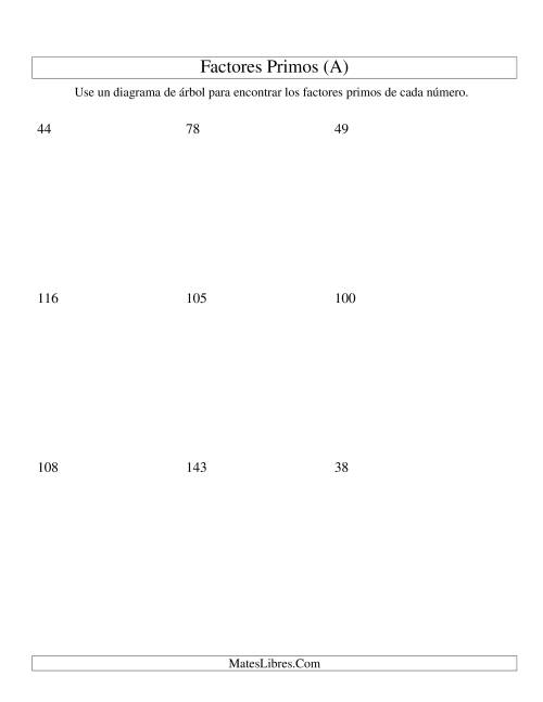 La hoja de ejercicios de Hallar Factores Primos con un Diagrama de Árbol (de 4 a 144) (A)