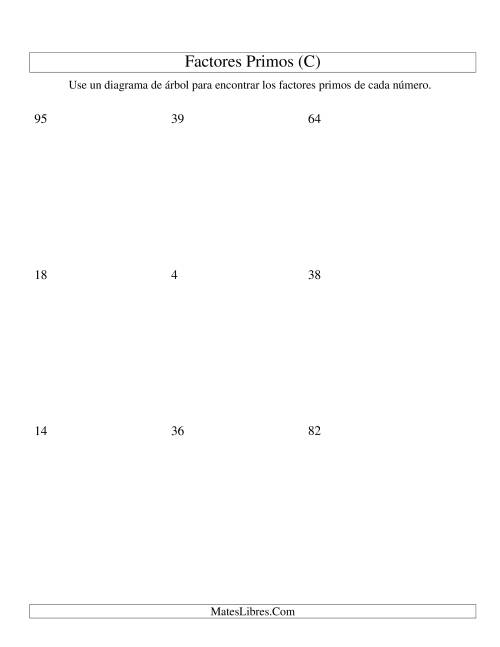 La hoja de ejercicios de Hallar Factores Primos con un Diagrama de Árbol (de 4 a 144) (C)