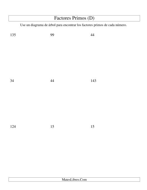 La hoja de ejercicios de Hallar Factores Primos con un Diagrama de Árbol (de 4 a 144) (D)
