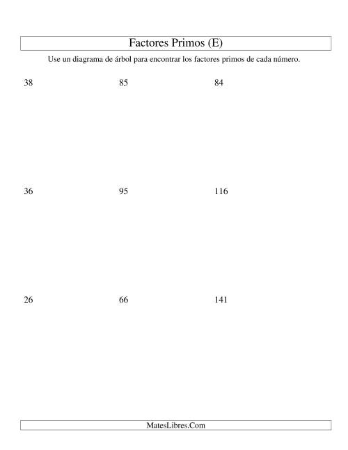 La hoja de ejercicios de Hallar Factores Primos con un Diagrama de Árbol (de 4 a 144) (E)