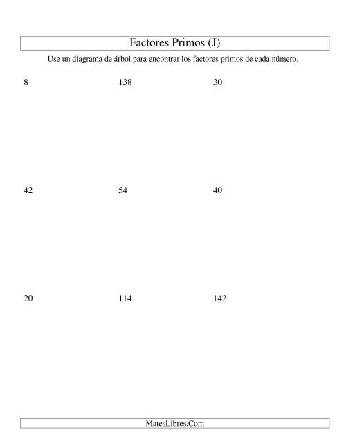La hoja de ejercicios de Hallar Factores Primos con un Diagrama de Árbol (de 4 a 144) (J)