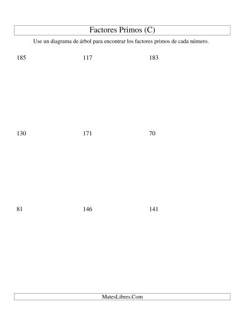 La hoja de ejercicios de Hallar Factores Primos con un Diagrama de Árbol (de 48 a 192) (C)