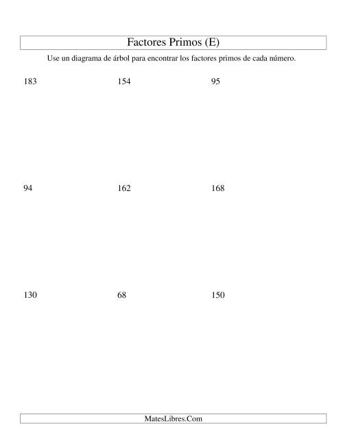 La hoja de ejercicios de Hallar Factores Primos con un Diagrama de Árbol (de 48 a 192) (E)