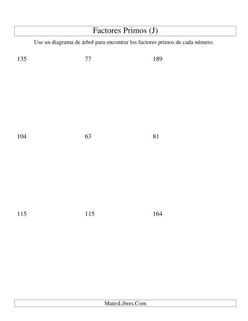 La hoja de ejercicios de Hallar Factores Primos con un Diagrama de Árbol (de 48 a 192) (J)