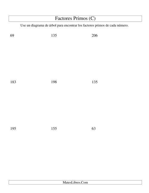 La hoja de ejercicios de Hallar Factores Primos con un Diagrama de Árbol (de 48 a 240) (C)