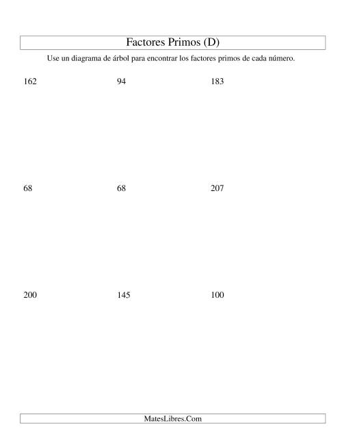 La hoja de ejercicios de Hallar Factores Primos con un Diagrama de Árbol (de 48 a 240) (D)