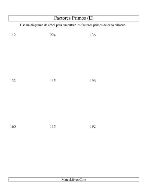 La hoja de ejercicios de Hallar Factores Primos con un Diagrama de Árbol (de 48 a 240) (E)