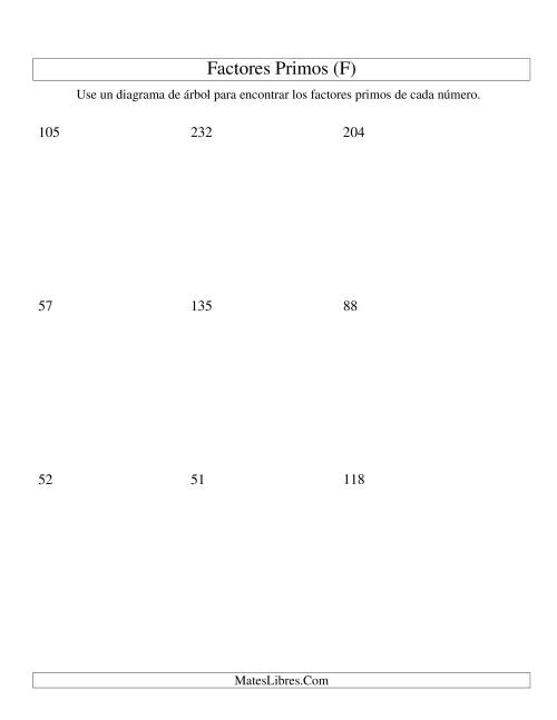 La hoja de ejercicios de Hallar Factores Primos con un Diagrama de Árbol (de 48 a 240) (F)