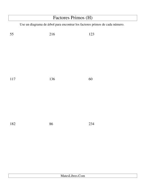 La hoja de ejercicios de Hallar Factores Primos con un Diagrama de Árbol (de 48 a 240) (H)