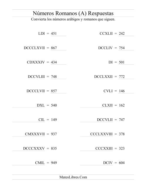 La hoja de ejercicios de Convertir Números Romanos hasta 1000 (A) Página 2