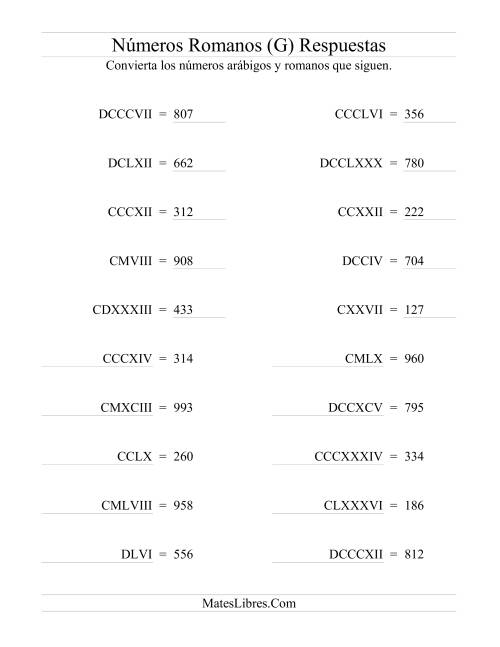 La hoja de ejercicios de Convertir Números Romanos hasta 1000 (G) Página 2