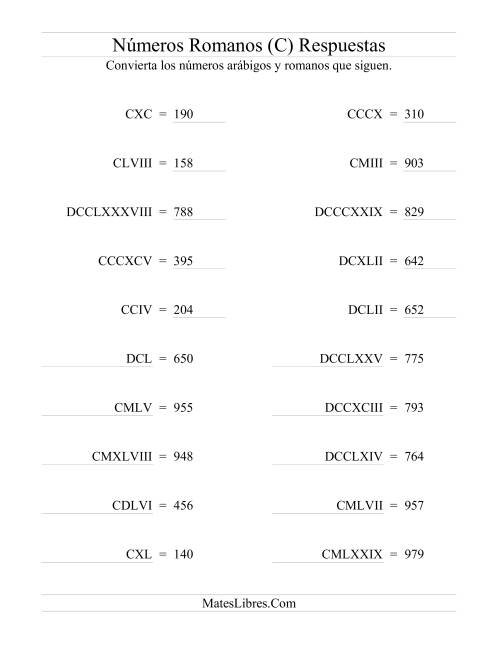 La hoja de ejercicios de Convertir Números Romanos hasta 1000 (C) Página 2