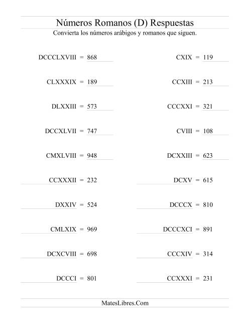 La hoja de ejercicios de Convertir Números Romanos hasta 1000 (D) Página 2