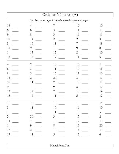 La hoja de ejercicios de Ordenar Números (de 1 a 20) (A)