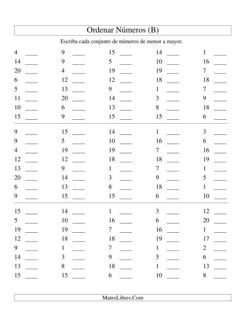 La hoja de ejercicios de Ordenar Números (de 1 a 20) (B)