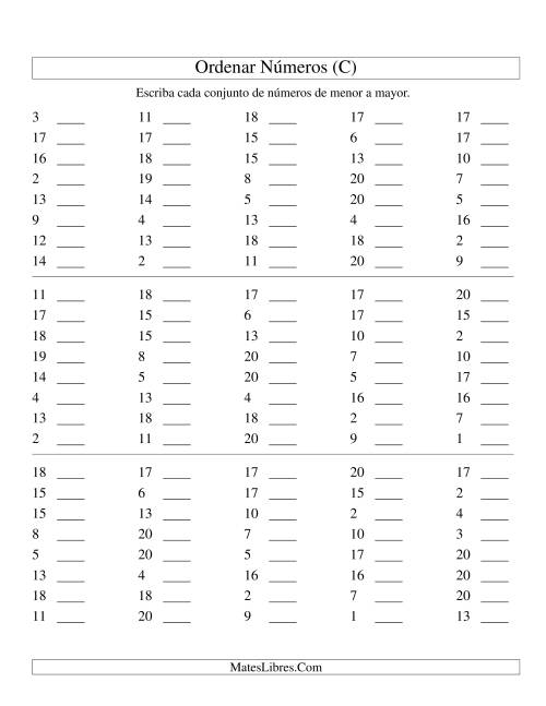 La hoja de ejercicios de Ordenar Números (de 1 a 20) (C)