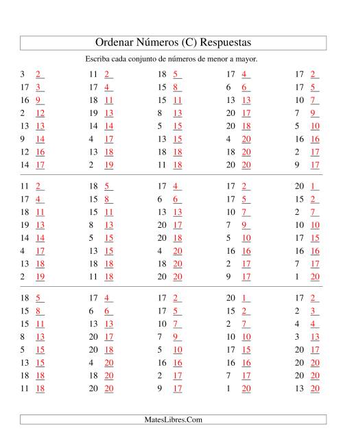 La hoja de ejercicios de Ordenar Números (de 1 a 20) (C) Página 2