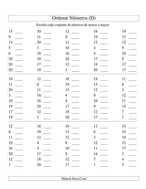 La hoja de ejercicios de Ordenar Números (de 1 a 20) (D)