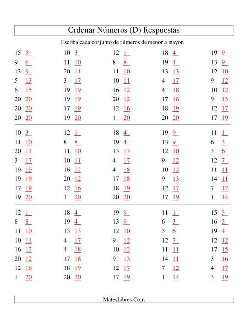 La hoja de ejercicios de Ordenar Números (de 1 a 20) (D) Página 2