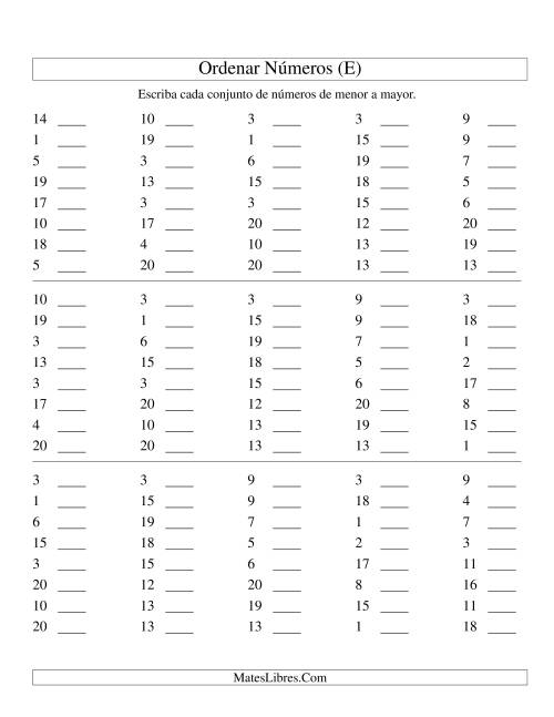 La hoja de ejercicios de Ordenar Números (de 1 a 20) (E)