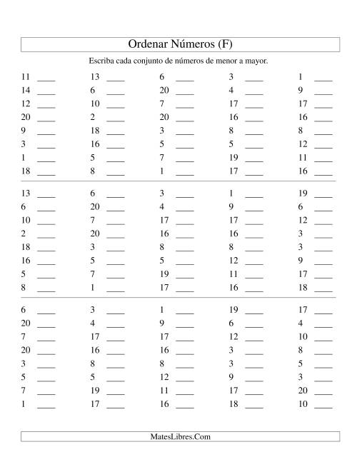 La hoja de ejercicios de Ordenar Números (de 1 a 20) (F)