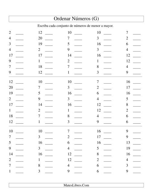 La hoja de ejercicios de Ordenar Números (de 1 a 20) (G)