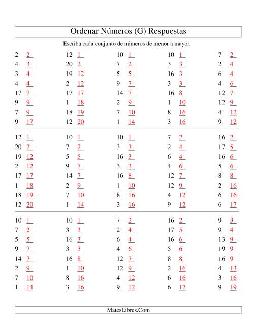 La hoja de ejercicios de Ordenar Números (de 1 a 20) (G) Página 2