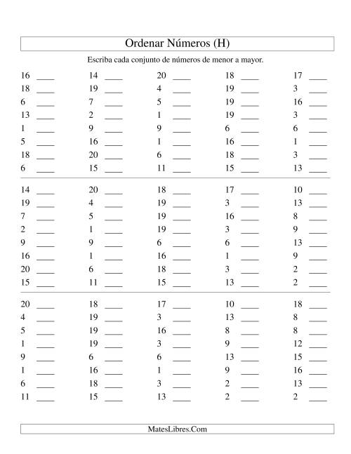 La hoja de ejercicios de Ordenar Números (de 1 a 20) (H)