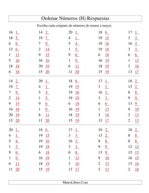 La hoja de ejercicios de Ordenar Números (de 1 a 20) (H) Página 2