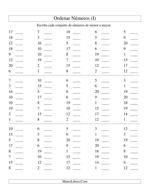 La hoja de ejercicios de Ordenar Números (de 1 a 20) (I)