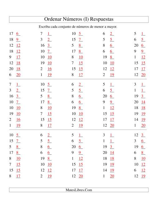 La hoja de ejercicios de Ordenar Números (de 1 a 20) (I) Página 2